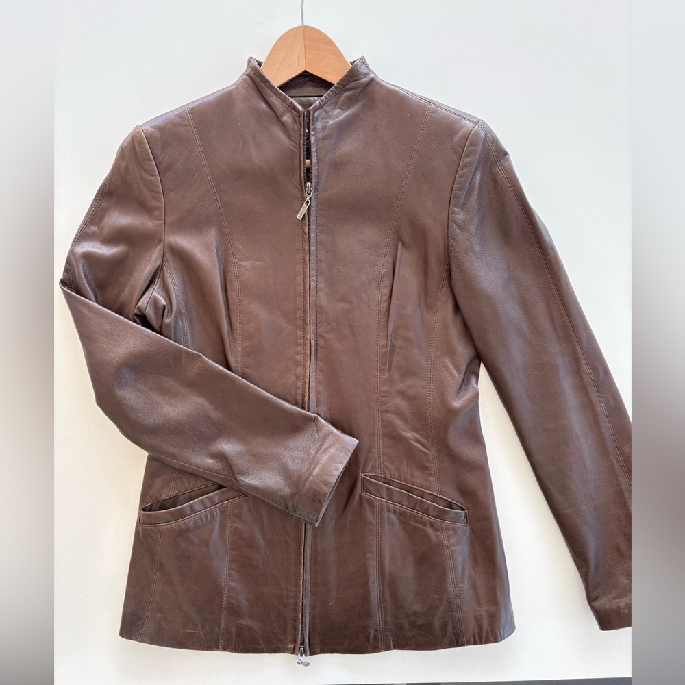 🤎 Danier Italian Leather Brown Zip-Up Jacket | Made in Canada | XS